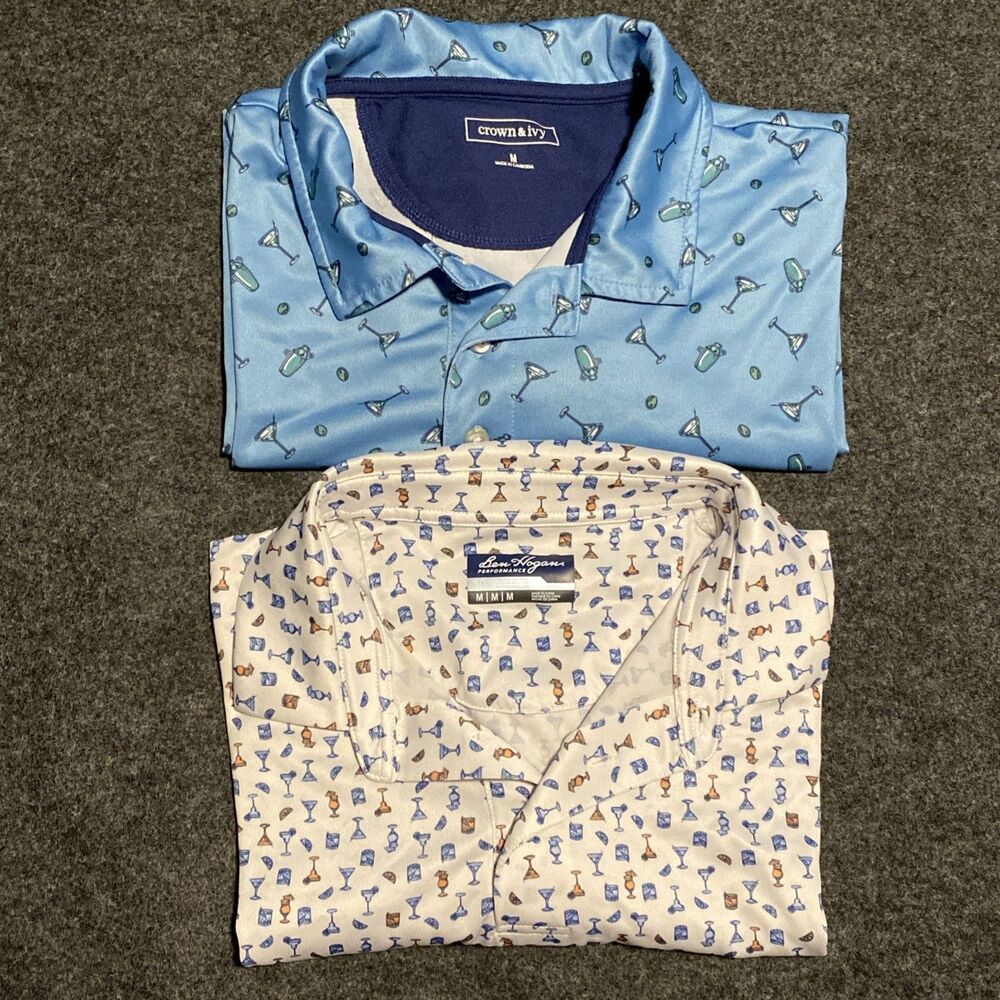 Performance Golf Polo Lot Of 2 Martini Drinks Pattern, Men Size Medium